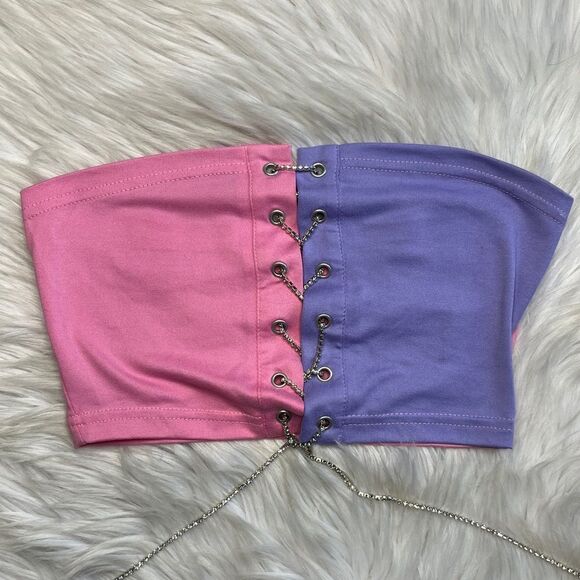 SHEIN Rhinestone Tie Up Color Block Tube Top Pink & Purple Size XS - Picture 2 of 4